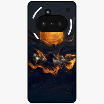 Golden Stallion Moonride Glass Case showing flat back view with majestic horse under moonlight artwork and glossy glass finish.