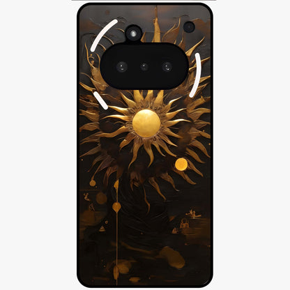 Golden Sun Majesty Glass Case showing flat back view with radiant golden sun artwork and glossy glass finish.