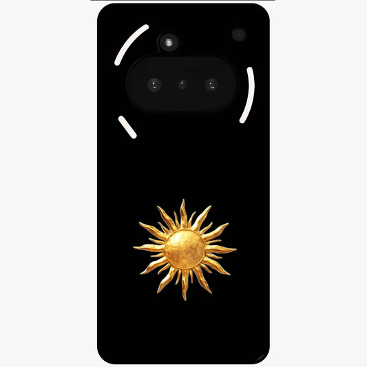 Golden Sun Minimalism Glass Case showing flat back view with minimal golden sun artwork and glossy glass finish.