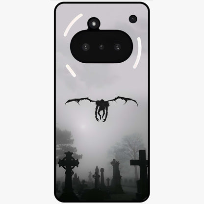 Graveyard Shadow Descent Glass Case showing flat back view with dark graveyard themed artwork and glossy glass finish.