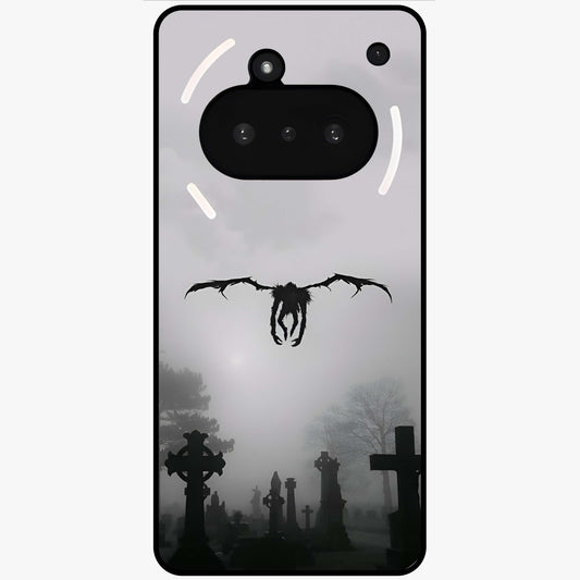 Graveyard Shadow Descent Glass Case showing flat back view with dark graveyard themed artwork and glossy glass finish.
