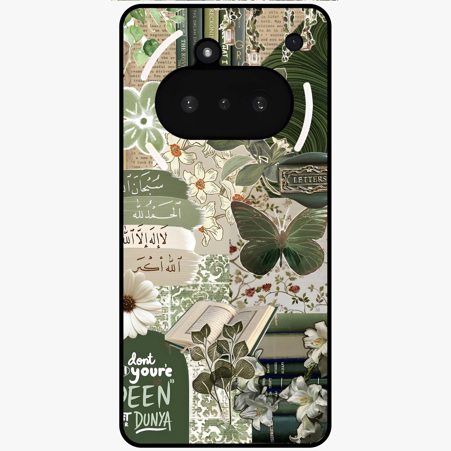 Green Islamic Books Quotes Glass Case showing flat back view with Islamic quotes and book themed artwork and glossy glass finish.
