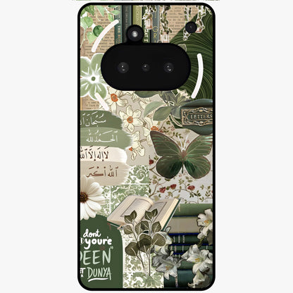 Green Islamic Books Quotes Glass Case showing flat back view with Islamic quotes and book themed artwork and glossy glass finish.