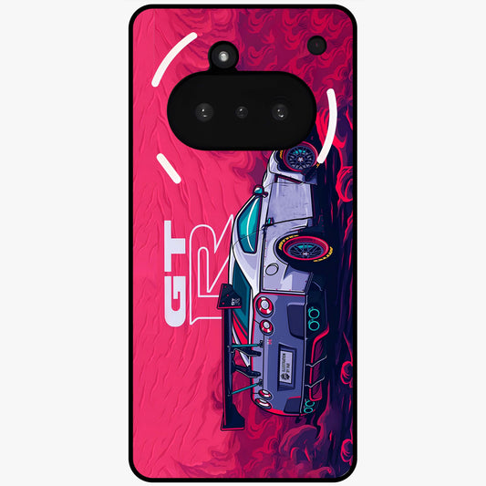 GT-R Car Pattern Glass Case showing flat back view with sporty car inspired pattern artwork and glossy glass finish.