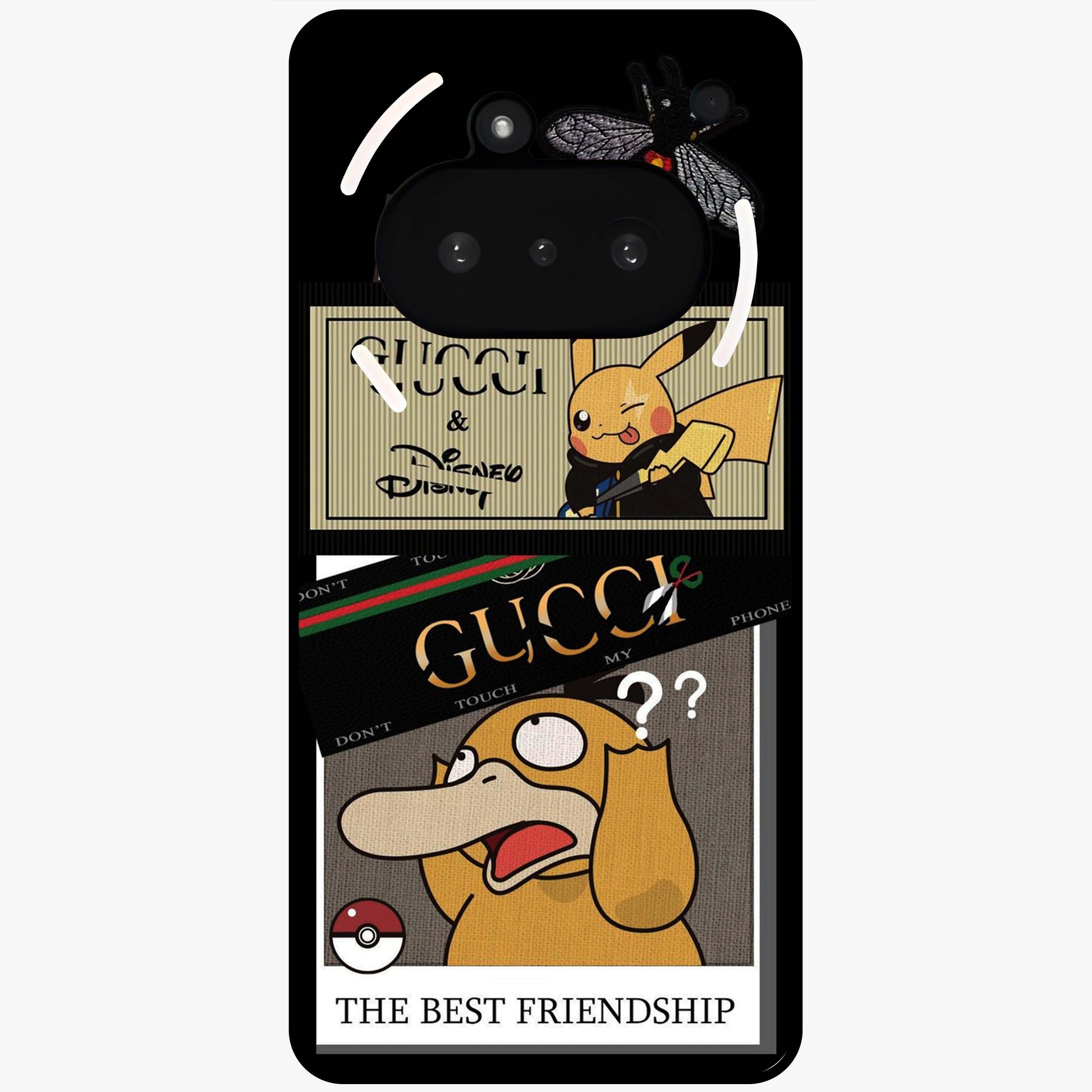 Gucci Play Mashup Glass Case showing flat back view with luxury inspired graphic artwork and glossy glass finish.