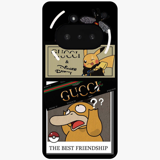 Gucci Play Mashup Glass Case showing flat back view with luxury inspired graphic artwork and glossy glass finish.