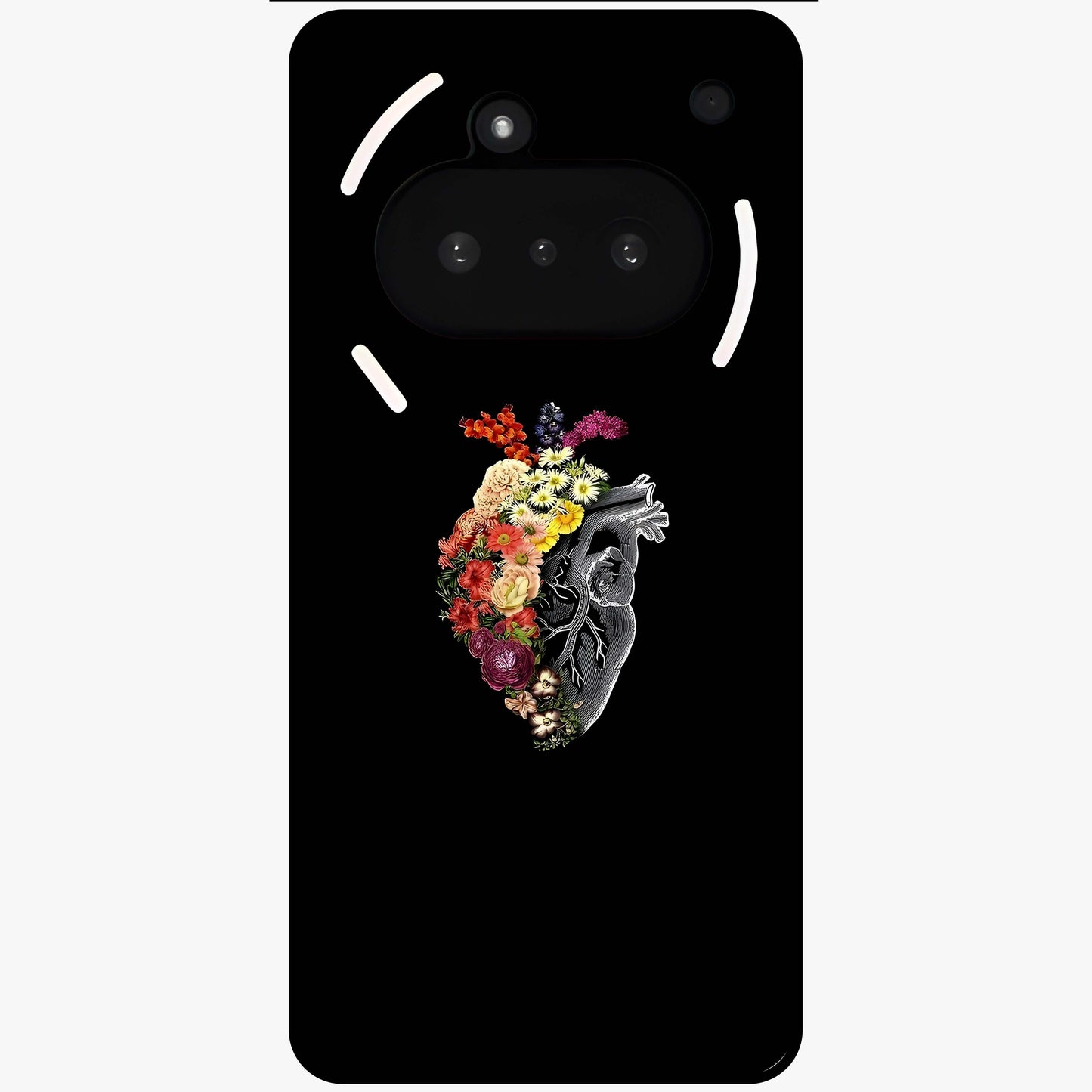 Heart With Flowers Glass Case showing flat back view with heart shaped floral artwork and glossy glass finish.