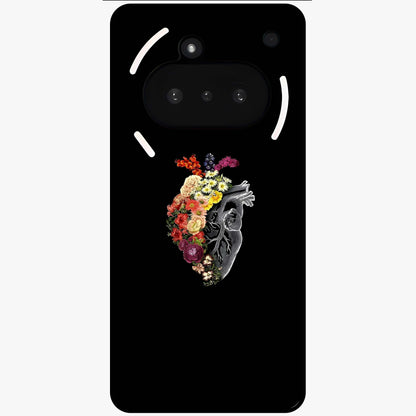 Heart With Flowers Glass Case showing flat back view with heart shaped floral artwork and glossy glass finish.