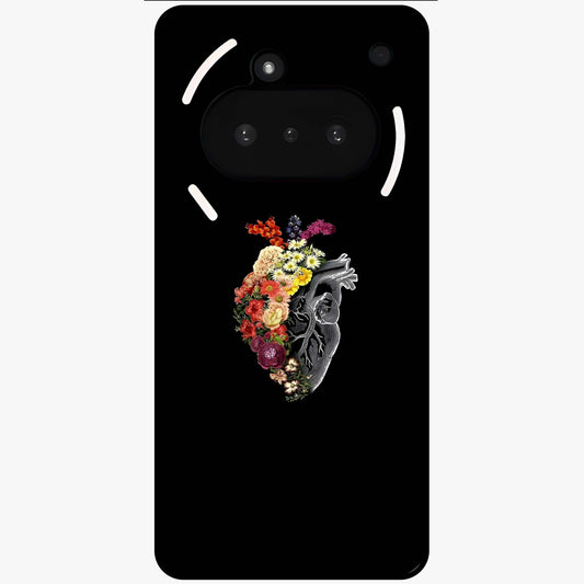 Heart With Flowers Glass Case showing flat back view with heart shaped floral artwork and glossy glass finish.