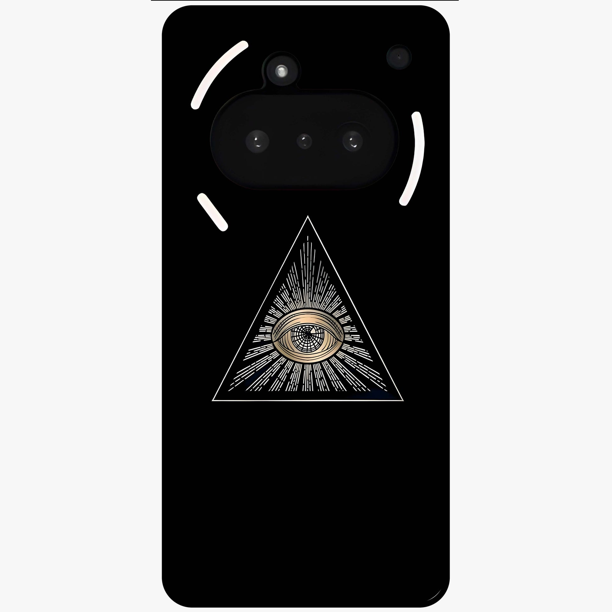 Illuminati Evil Glass Case showing flat back view with mysterious illuminati symbol artwork and glossy glass finish.