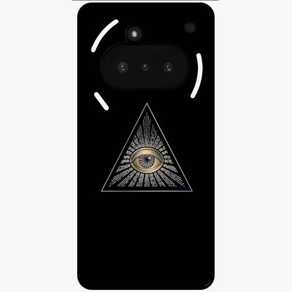 Illuminati Evil Glass Case showing flat back view with mysterious illuminati symbol artwork and glossy glass finish.
