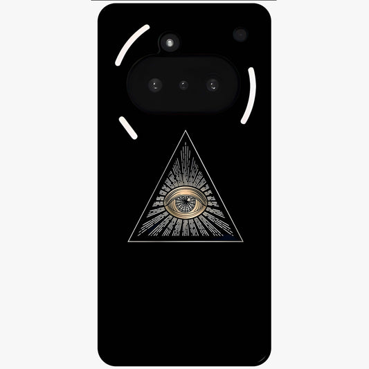 Illuminati Evil Glass Case showing flat back view with mysterious illuminati symbol artwork and glossy glass finish.