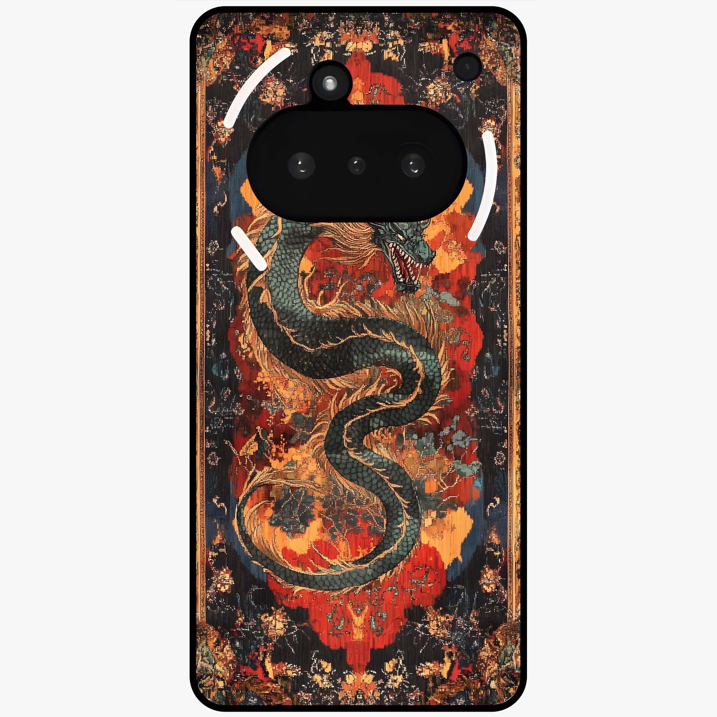 Inferno Dragon Soul Glass Case showing flat back view with fiery dragon artwork and glossy glass finish.