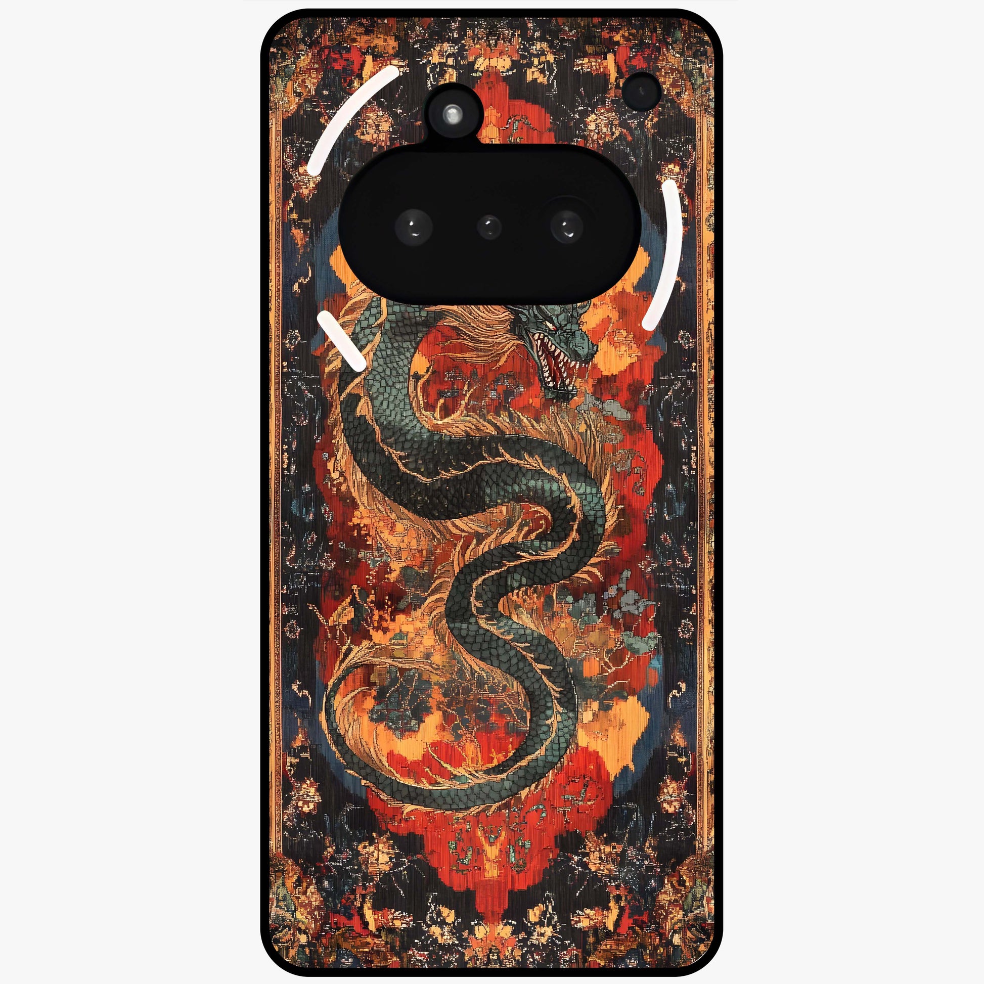 Inferno Dragon Soul Glass Case showing flat back view with fiery dragon artwork and glossy glass finish.