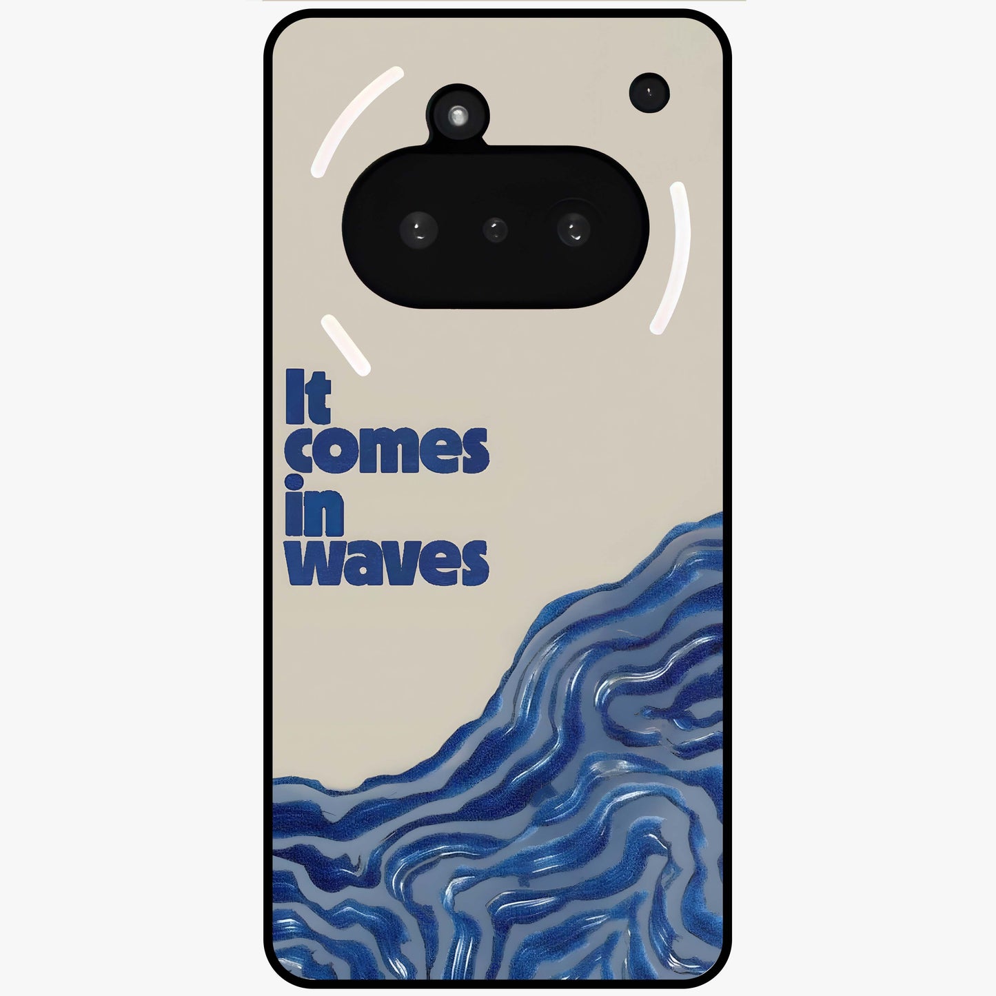 It Comes In Waves Quote Glass Case showing flat back view with inspirational wave themed quote artwork and glossy glass finish.