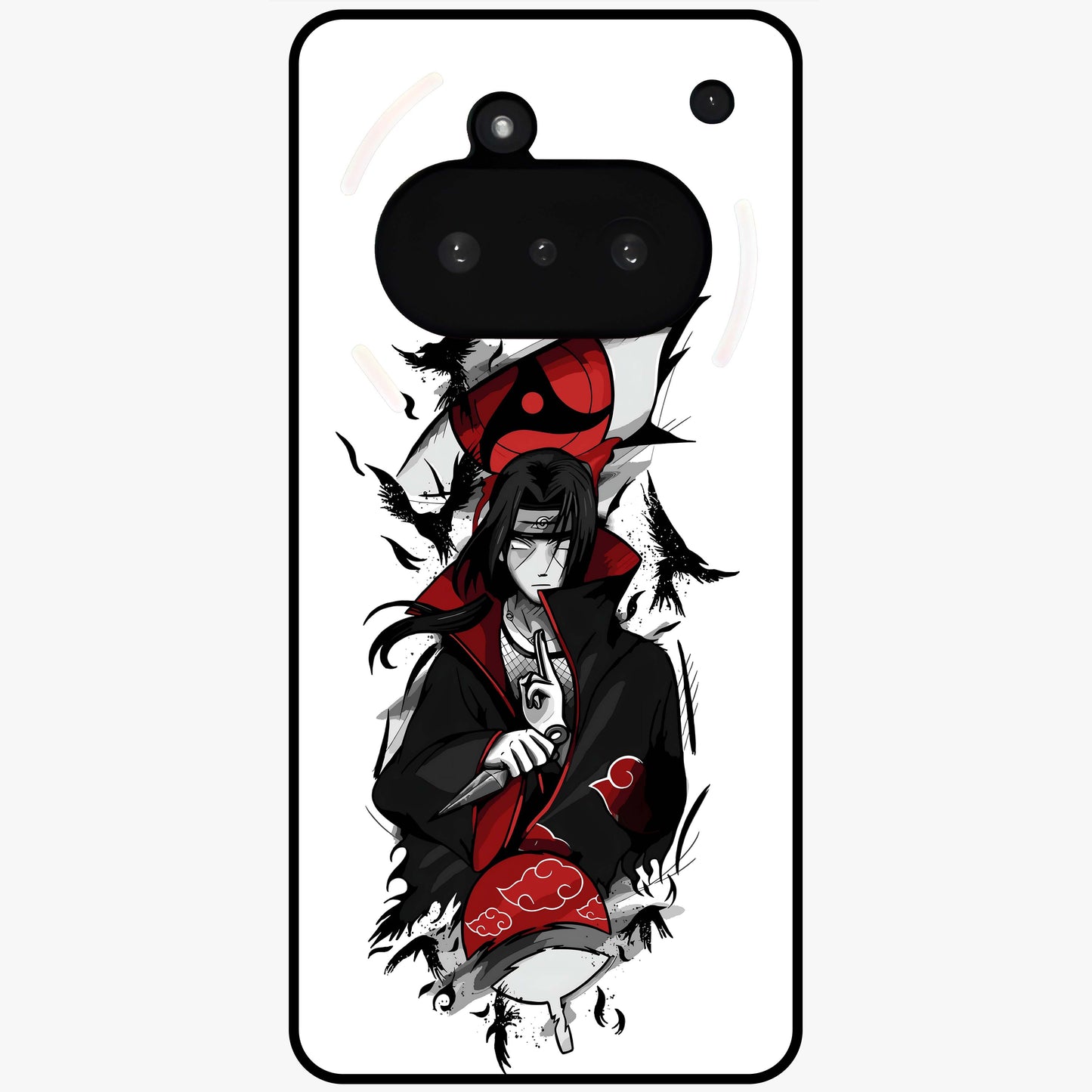 Itachi Sharingan Glass Case showing flat back view with powerful anime eye artwork and glossy glass finish.
