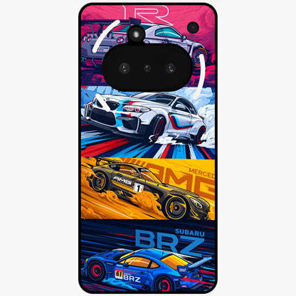 JDM Sports Car Glass Case showing flat back view with high performance sports car artwork and glossy glass finish.