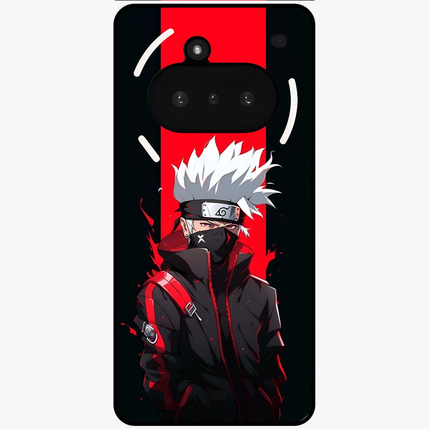 Kakashi Scarlet Shadow Glass Case showing flat back view with powerful anime ninja artwork and glossy glass finish.