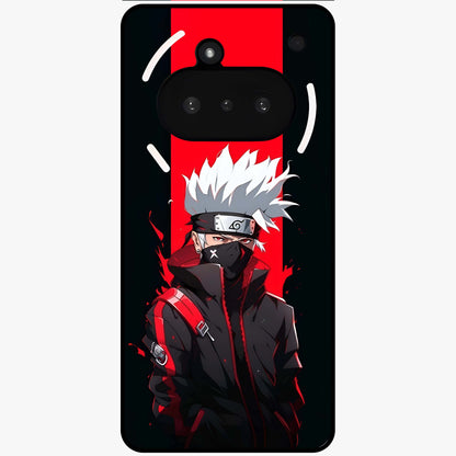 Kakashi Scarlet Shadow Glass Case showing flat back view with powerful anime ninja artwork and glossy glass finish.