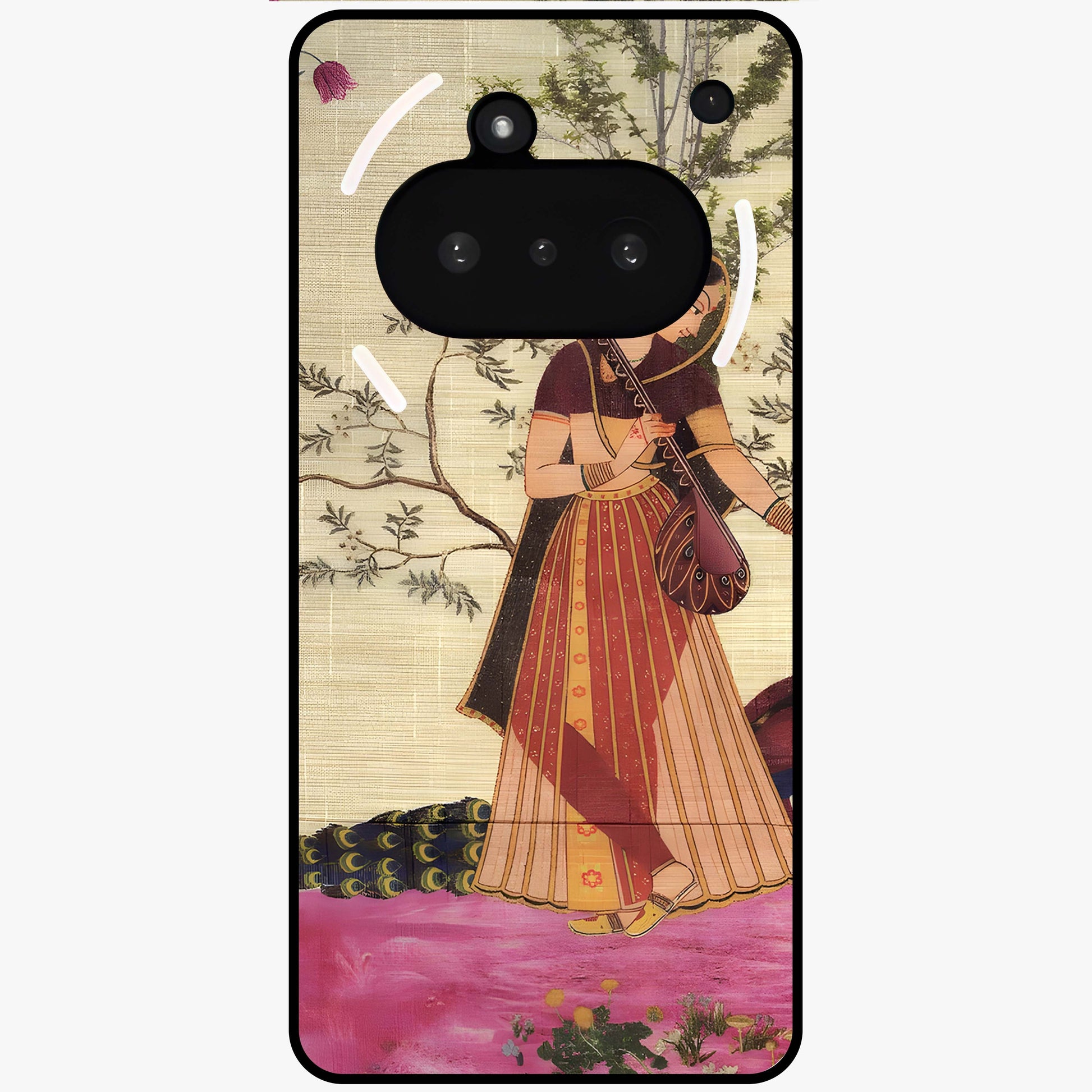 Lady With Veena Art Glass Case showing flat back view with elegant woman playing veena artwork and glossy glass finish.