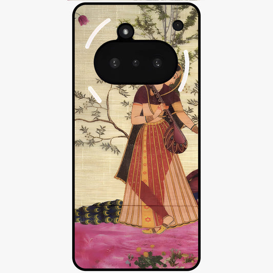 Lady With Veena Art Glass Case showing flat back view with elegant woman playing veena artwork and glossy glass finish.
