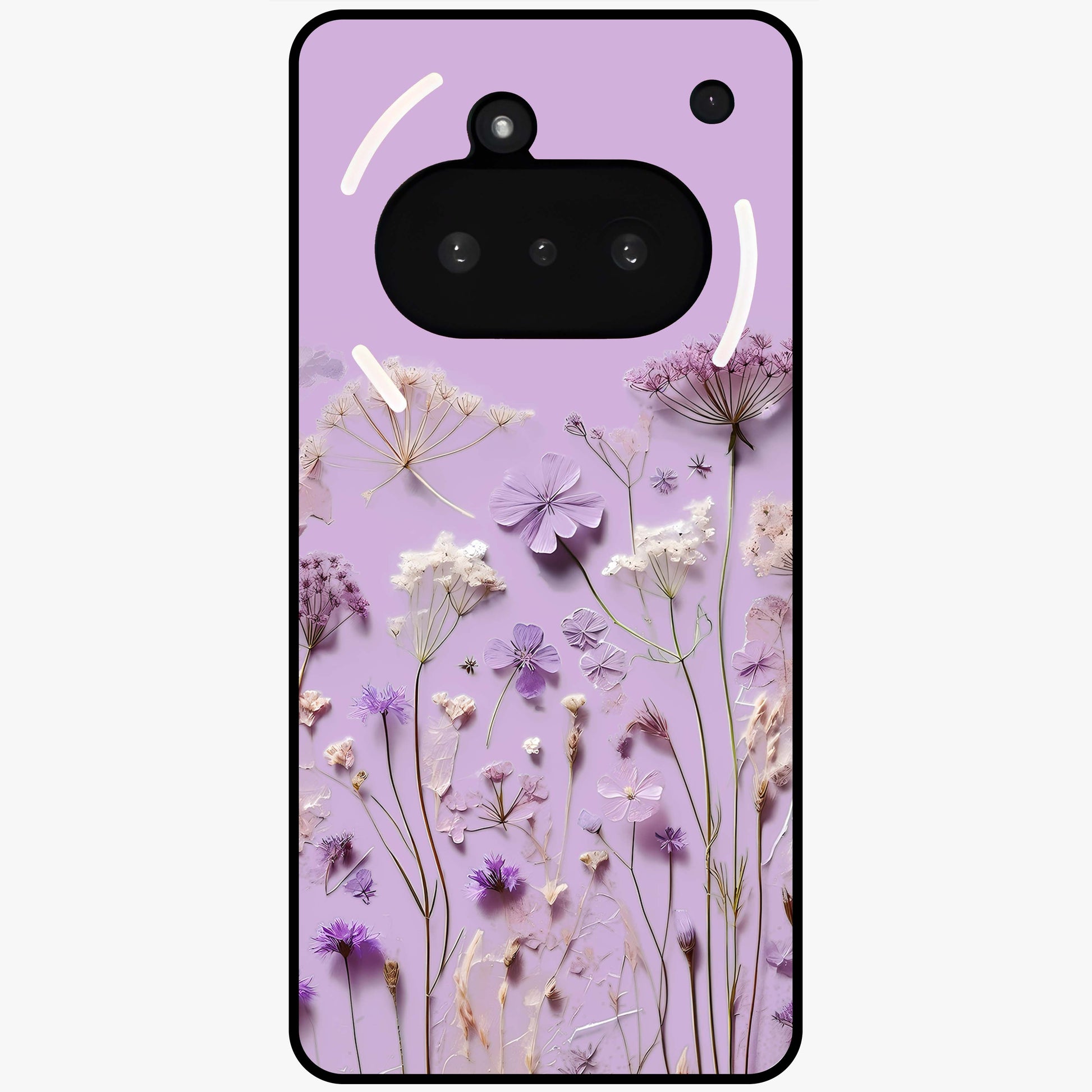 Lavender Blossom Dream Glass Case showing flat back view with soft lavender floral artwork and glossy glass finish.
