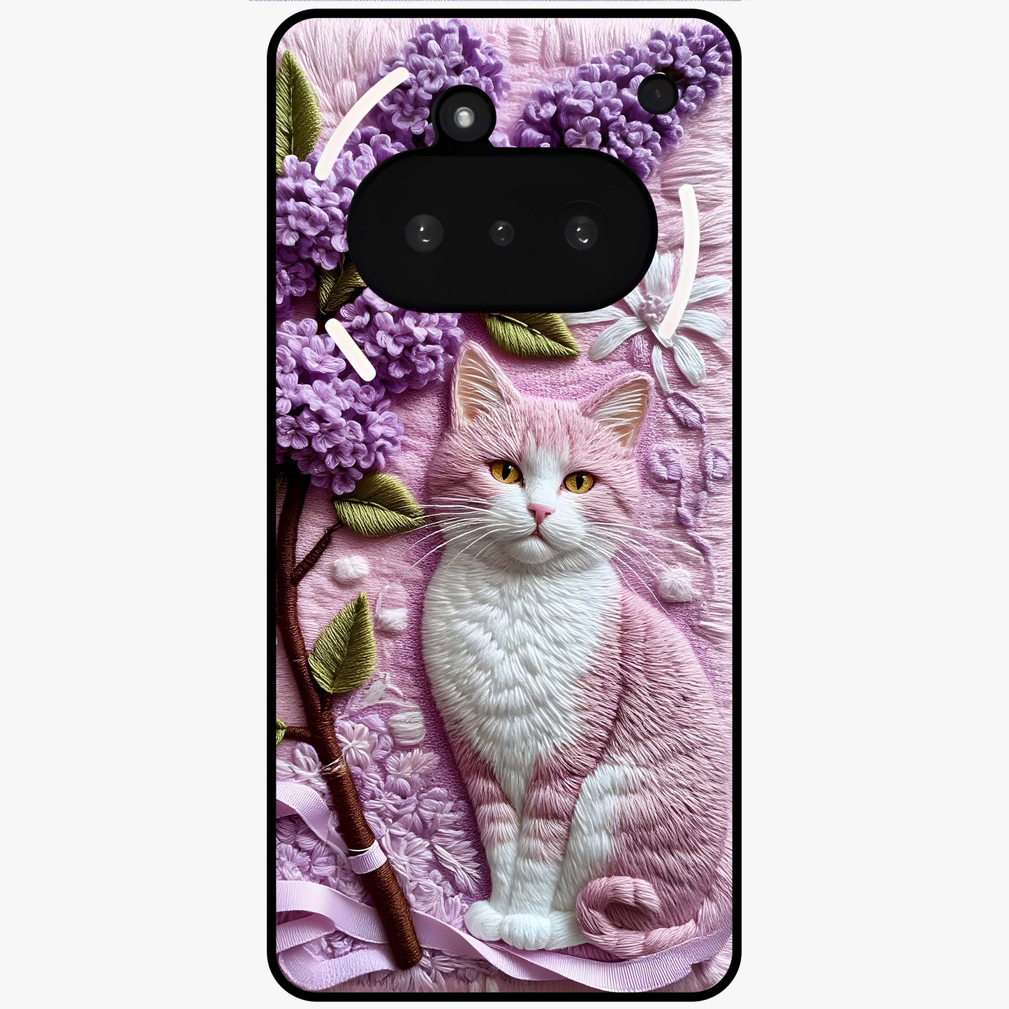 Lavender Cat Whimsy Glass Case showing flat back view with cute lavender cat artwork and glossy glass finish.