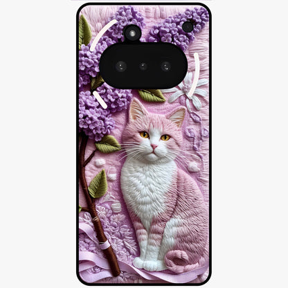 Lavender Cat Whimsy Glass Case showing flat back view with cute lavender cat artwork and glossy glass finish.