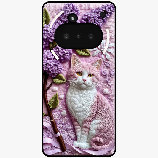Lavender Cat Whimsy Glass Case showing flat back view with cute lavender cat artwork and glossy glass finish.