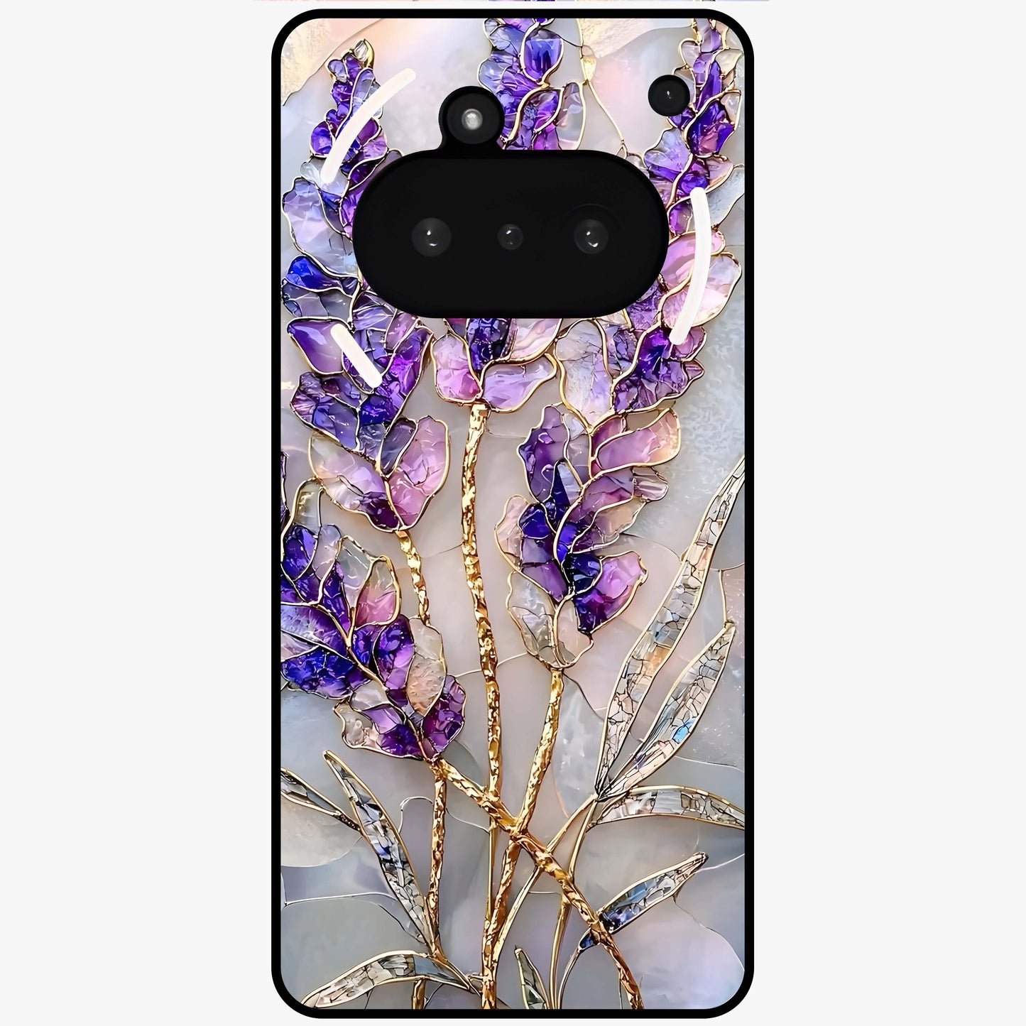 Lavender Dream Glow Glass Case showing flat back view with glowing lavender aesthetic artwork and glossy glass finish.