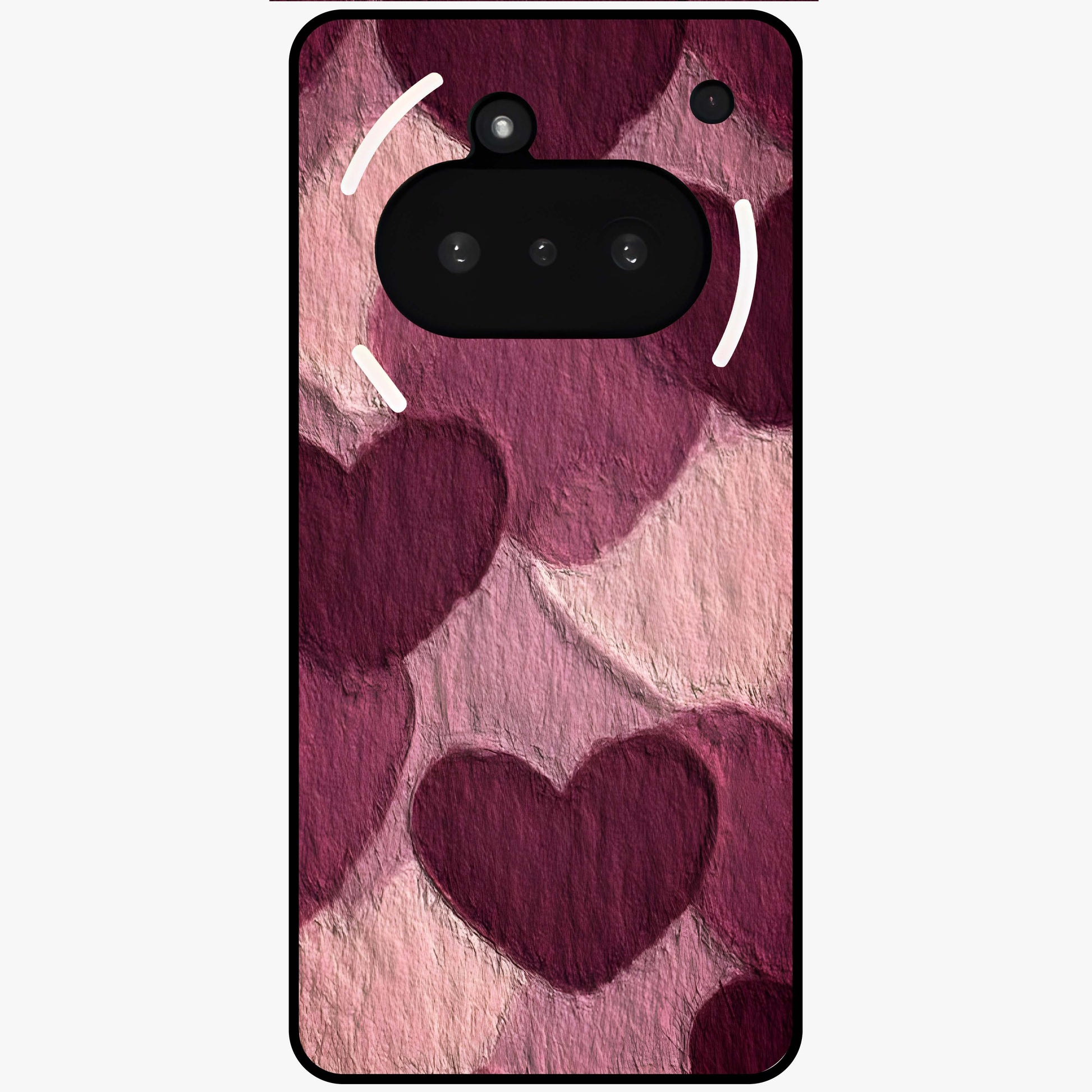 Layered Paper Hearts Glass Case showing flat back view with layered paper heart artwork and glossy glass finish.