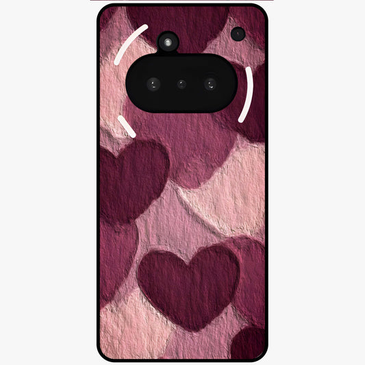 Layered Paper Hearts Glass Case showing flat back view with layered paper heart artwork and glossy glass finish.
