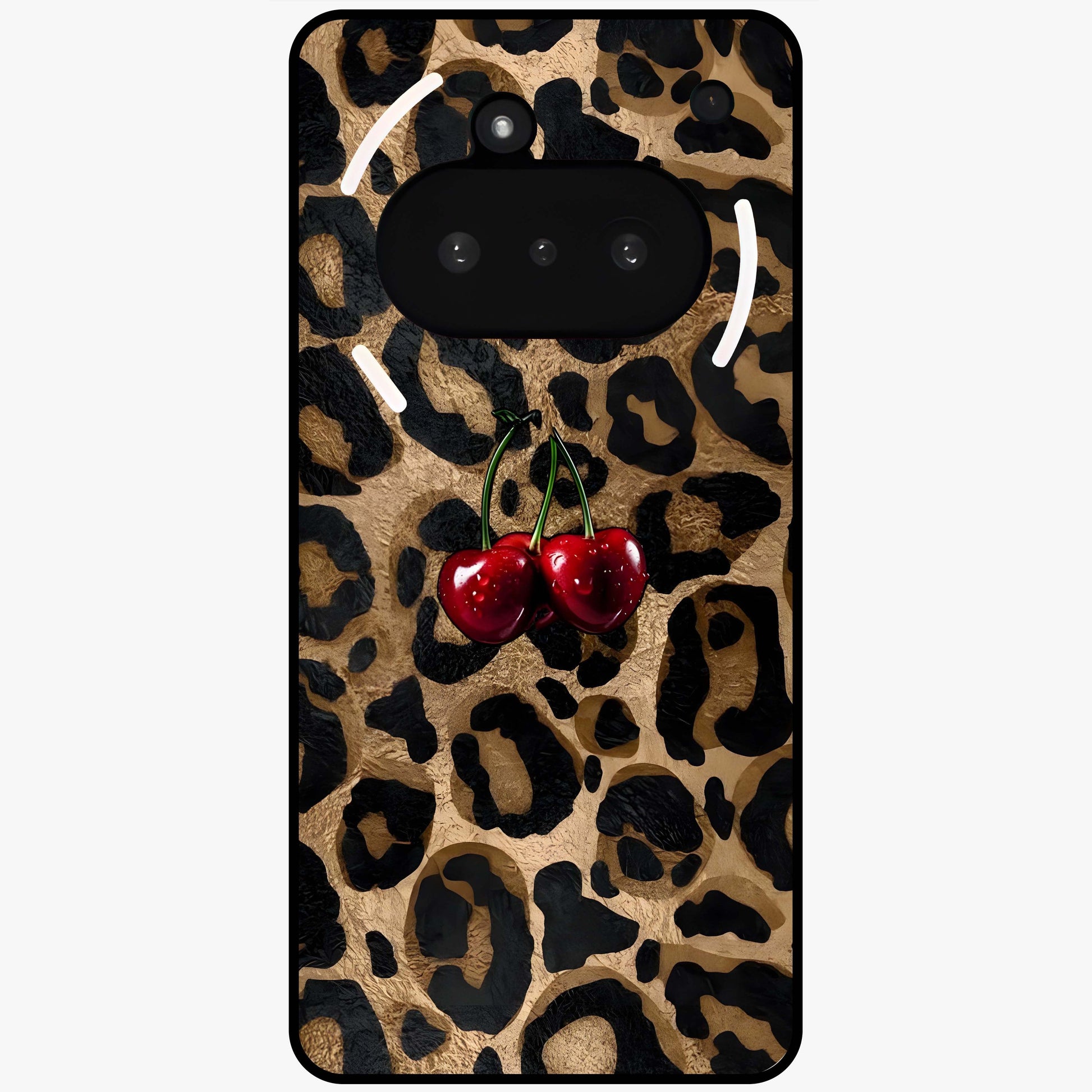 Leopard Wild Cherry Glass Case showing flat back view with leopard pattern and cherry artwork and glossy glass finish.