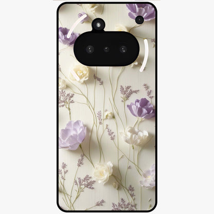 Lilac Breeze Harmony Glass Case showing flat back view with soft lilac themed artwork and glossy glass finish.