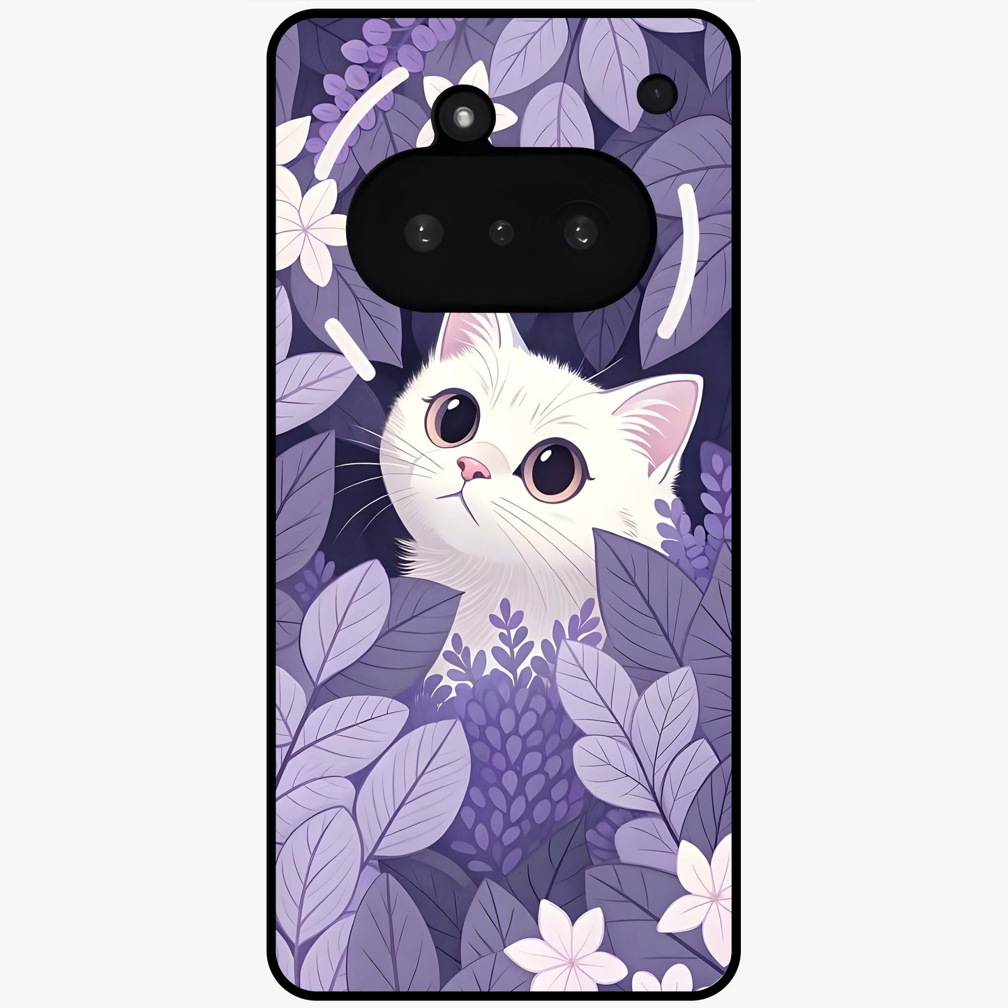 Lilac Hide Peek Cat Glass Case showing flat back view with cute peeking cat artwork and glossy glass finish.