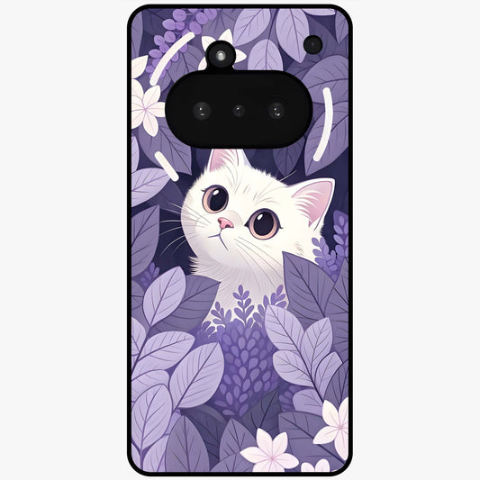Lilac Hide Peek Cat Glass Case showing flat back view with cute peeking cat artwork and glossy glass finish.