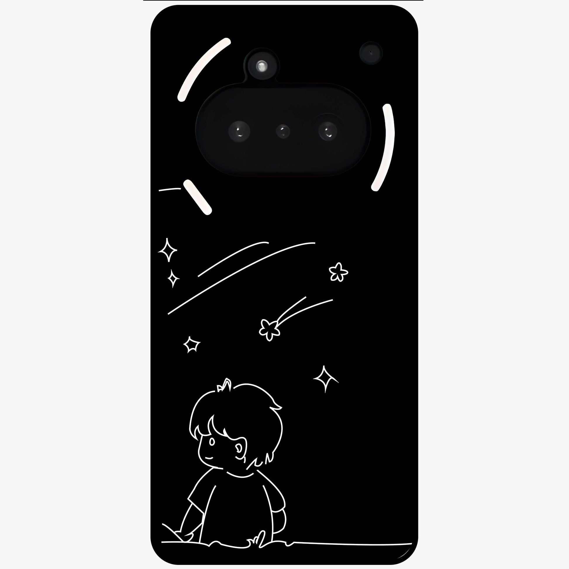 Line Art Boy With Shooting Stars Glass Case showing flat back view with minimal line art boy and shooting stars illustration and glossy glass finish.
