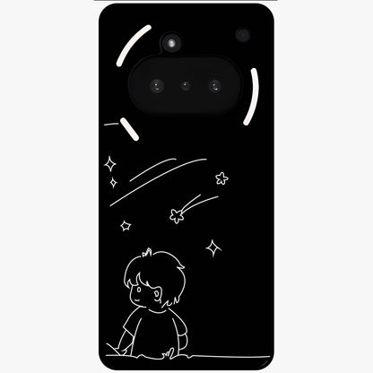 Line Art Boy With Shooting Stars Glass Case showing flat back view with minimal line art boy and shooting stars illustration and glossy glass finish.