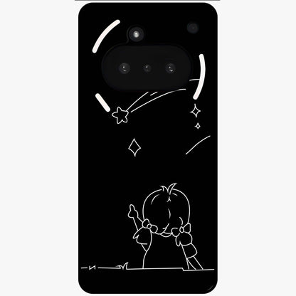 Line Art Girl With Shooting Stars Glass Case showing flat back view with minimal line art girl and shooting stars illustration and glossy glass finish.