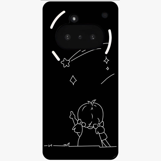 Line Art Girl With Shooting Stars Glass Case showing flat back view with minimal line art girl and shooting stars illustration and glossy glass finish.