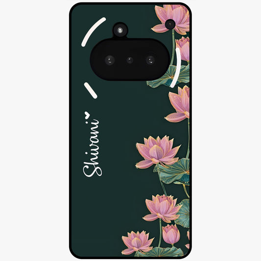 Lotus Bloom Serenity Custom Name Glass Case showing flat back view with elegant lotus flower artwork and personalized name design.