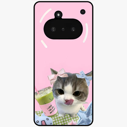 Love Matcha Cat Glass Case showing flat back view with cute cat and matcha themed artwork and glossy glass finish.