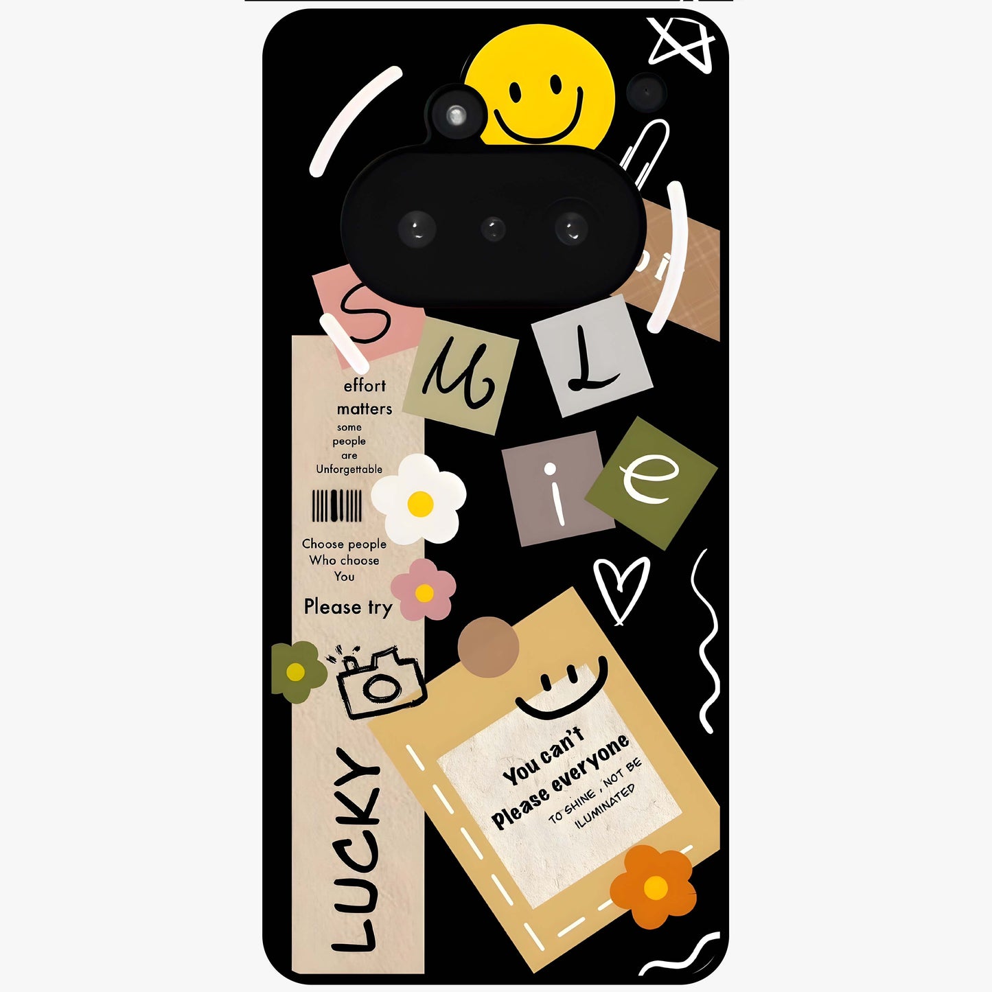 Lucky Aesthetic Collage Glass Case showing flat back view with trendy aesthetic collage artwork and glossy glass finish.