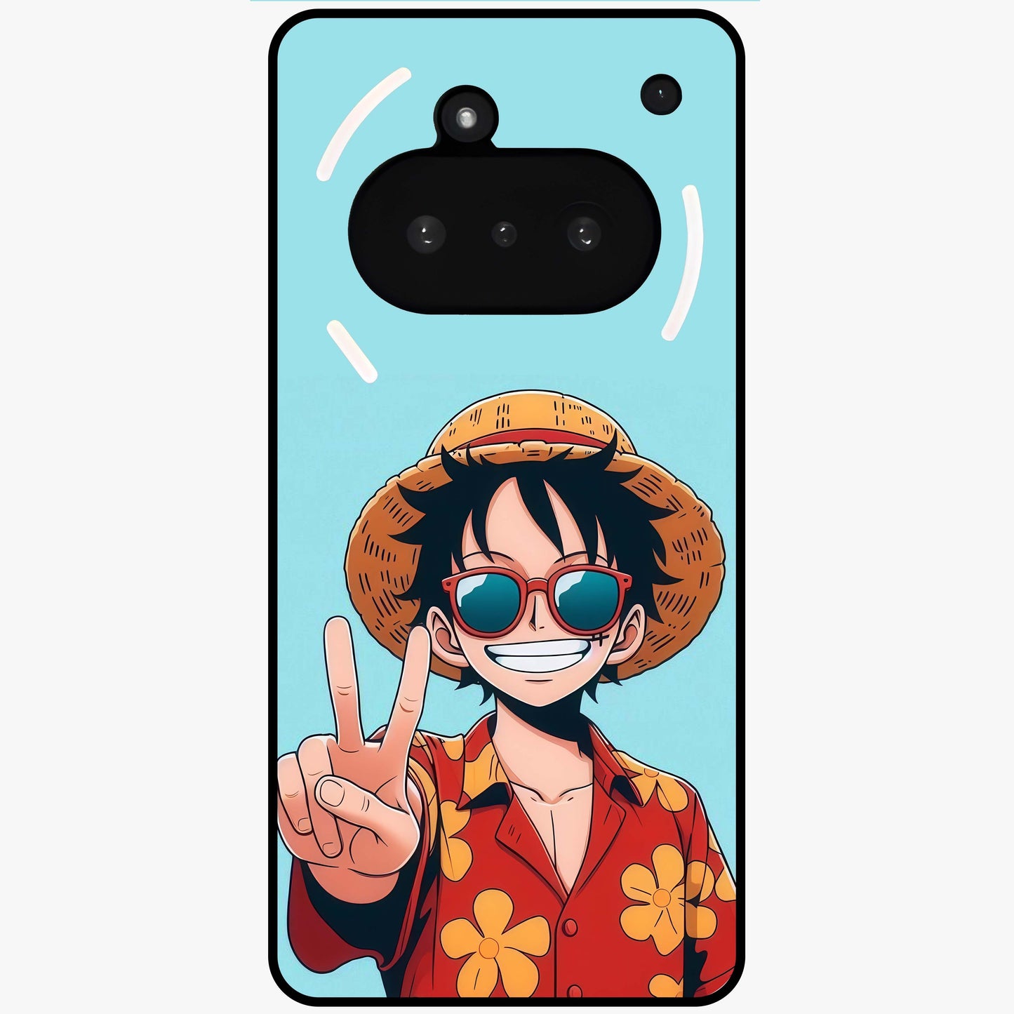 Luffy Summer Anime Vibe Glass Case showing flat back view with vibrant anime character artwork and glossy glass finish.