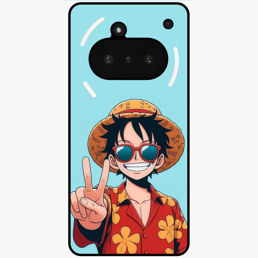 Luffy Summer Anime Vibe Glass Case showing flat back view with vibrant anime character artwork and glossy glass finish.