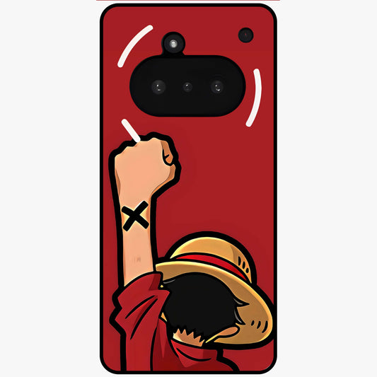 Luffy X Spirit Glass Case showing flat back view with bold anime character artwork and glossy glass finish.