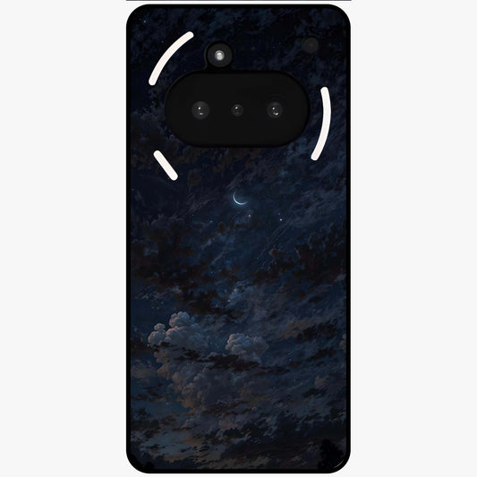 Lunar Veil Silence Glass Case showing flat back view with mystical moon veil artwork and glossy glass finish.