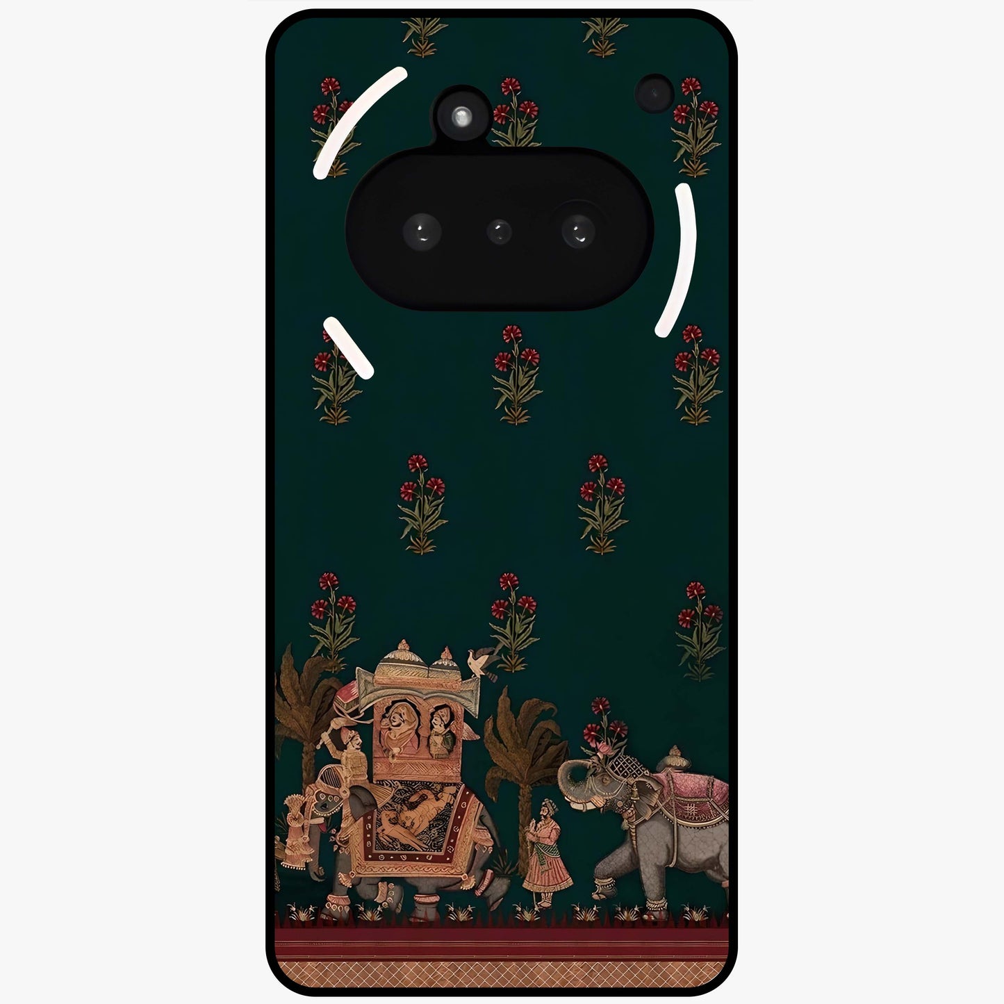 Macmerise Glass Case showing flat back view with stylish modern artwork and glossy glass finish.