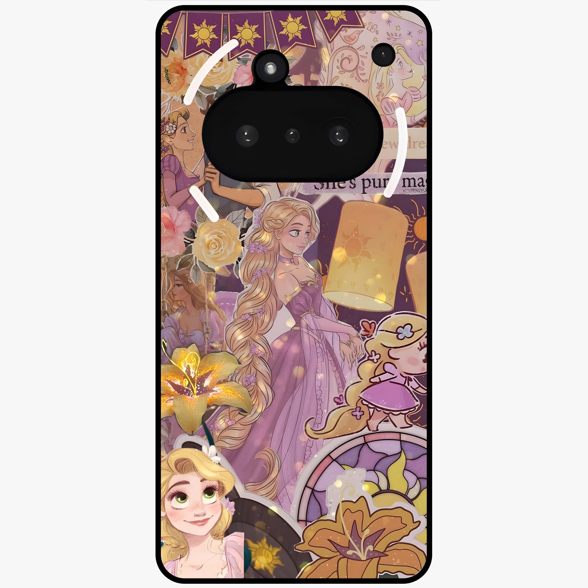 Magical Tangled Dream Glass Case showing flat back view with dreamy tangled artwork and glossy glass finish.