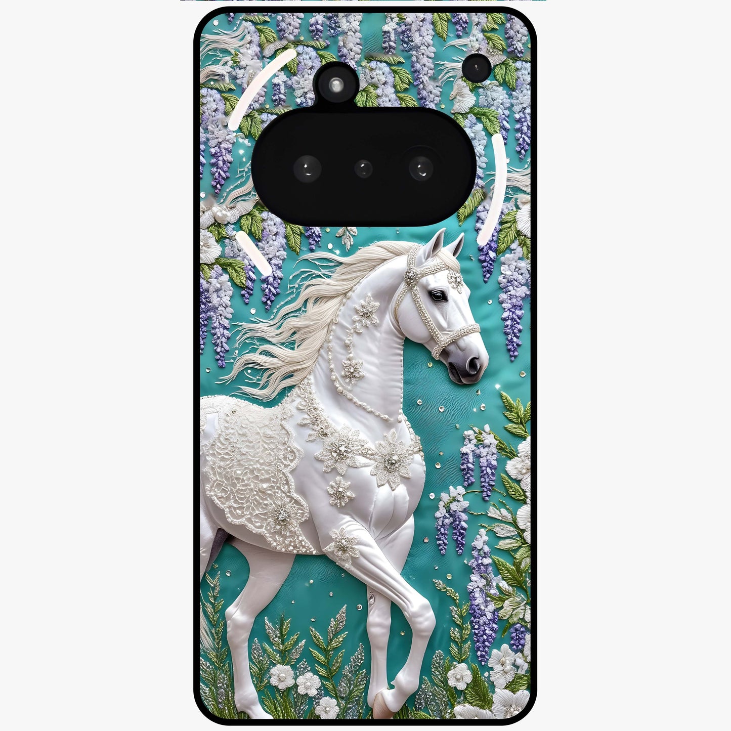 Majestic Floral Stallion Glass Case showing flat back view with powerful horse and floral artwork and glossy glass finish.